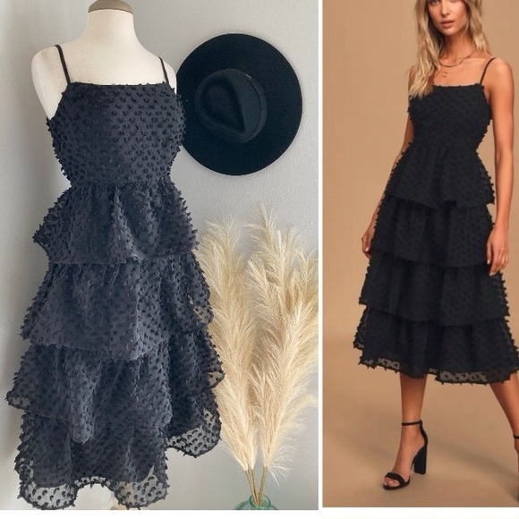 Lulus Dresses & Skirts - ❤️ Lulus Flirting with You Black Tiered Pom Pom Midi Dress